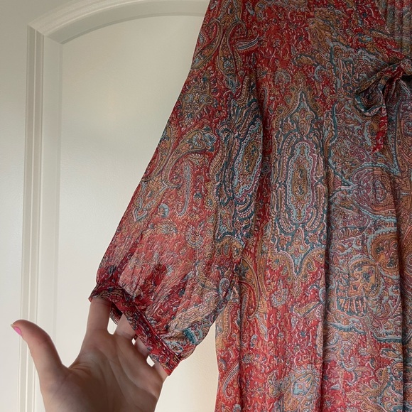 Sundance 100% Silk Paisley Blouse Tie Neck 3/4 Sleeve Sheer Pleated Bust | M - Picture 6 of 11